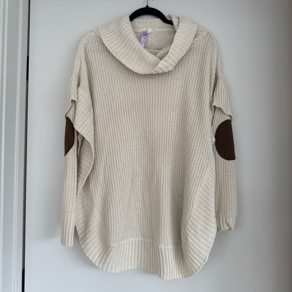 Beige Poncho Sweater w/ Brown Elbow Patches – Excellent Condition